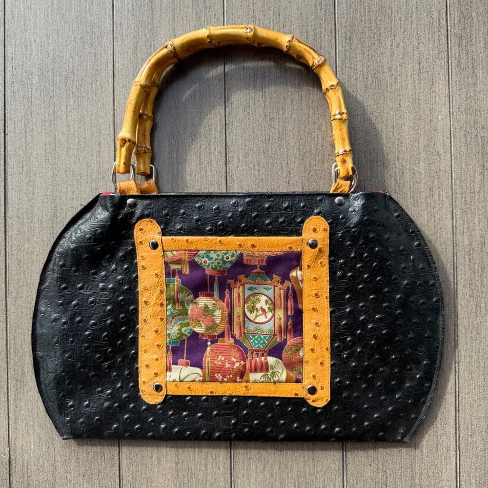 Dukes Designs Black Ostrich Embossed Bamboo Handle Handbag Asian Lantern Print